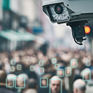 A camera in a busy street with squares over the people's faces indicating that they are being tracked